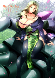 Rule 34 | 1girl, 2017, bare shoulders, breasts, cherry blossoms, choker, cleavage, covered erect nipples, cowboy shot, detached sleeves, expressionless, flower, green eyes, green hair, haganef, happy new year, hip focus, huge breasts, lamia loveless, legs, long hair, long sleeves, looking at viewer, matching hair/eyes, mecha, new year, parted lips, robot, sitting, sitting on hand, socks, solo, super robot wars, super robot wars original generation, thighhighs, thighs, tree