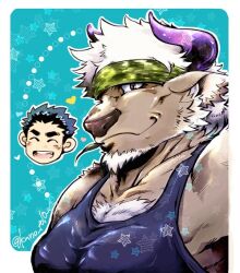 Rule 34 | 2boys, :d, ^ ^, animal ears, aqua background, bara, bare shoulders, black hair, blue tank top, border, brown fur, camouflage, camouflage headwear, chest hair, chibi, chibi inset, closed eyes, closed mouth, commentary request, cow ears, cow horns, facial hair, furry, furry male, goatee, headband, heart, horns, kano (kano to10), large pectorals, leaf, looking at viewer, male focus, minotaur, mouth hold, multiple boys, muscular, muscular male, open mouth, outside border, pectorals, protagonist 3 (housamo), purple eyes, purple horns, rounded corners, shennong (housamo), short hair, smile, solo focus, stalk in mouth, star (symbol), tank top, thick eyebrows, tokyo houkago summoners, twitter username, upper body, white border, white hair