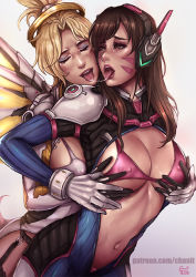 Rule 34 | 2girls, artist name, blonde hair, blue bodysuit, bodysuit, bra, grabbing another&#039;s breast, breast press, breasts, brown eyes, brown hair, closed eyes, commentary, covered erect nipples, d.va (overwatch), eyeshadow, facepaint, facial mark, garter belt, gloves, glowing, glowing wings, grabbing, hair tie, halo, hands on another&#039;s chest, headphones, high collar, hug, hug from behind, kachima, lips, long hair, looking at another, looking to the side, makeup, mechanical halo, mechanical wings, medium breasts, mercy (overwatch), multiple girls, navel, nose, open clothes, open mouth, overwatch, overwatch 1, panties, pilot suit, pink bra, pink lips, pink panties, ribbed bodysuit, saliva, saliva trail, shoulder pads, signature, simple background, skin tight, swept bangs, teeth, tongue, tongue out, underwear, unzipped, upper teeth only, watermark, web address, whisker markings, white background, white bodysuit, white gloves, wings, yellow wings, yuri