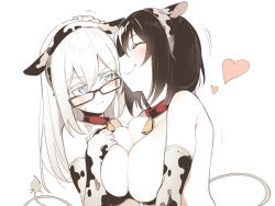 Rule 34 | 2girls, ^ ^, animal ears, animal print, asutora, asutora-chan, bell, black-framed eyewear, black hair, blue eyes, blush, breast press, breasts, closed eyes, closed mouth, collar, commentary request, cow ears, cow print, cow tail, fake animal ears, hair between eyes, heart, large breasts, medium breasts, mole, mole under eye, multiple girls, neck bell, nude, original, red collar, short hair, simple background, smile, symmetrical docking, tail, upper body, white background