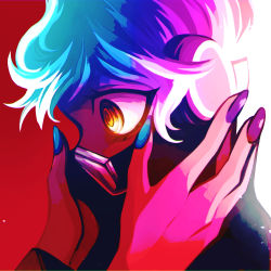 Rule 34 | 1boy, backlighting, blue hair, blue nails, bomuchi, empty eyes, from side, hands on another&#039;s cheeks, hands on another&#039;s face, headphones, highres, long sleeves, looking at another, male focus, mask, nail polish, ortho shroud, out of frame, portrait, red background, short hair, simple background, solo, twisted wonderland, yellow eyes