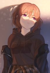 Rule 34 | 1girl, black hoodie, black jacket, brown hair, brown skirt, closed mouth, commentary, drawstring, frown, grey skirt, hair ornament, hairclip, half-closed eyes, higuchi madoka, hood, hood down, hoodie, idolmaster, idolmaster shiny colors, jacket, kamille (vcx68), looking to the side, mole, mole under eye, off shoulder, open clothes, open jacket, plaid, plaid skirt, purple eyes, short hair, skirt, solo, sunlight, upper body