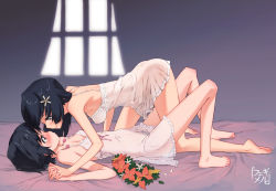 Rule 34 | 2girls, all fours, bare legs, bare shoulders, barefoot, between thighs, black hair, blush, bottomless, breasts, brown eyes, chemise, cleavage, eye contact, face, feet, feguimel, flat chest, flower, girl on top, green eyes, hair flower, hair ornament, head wreath, highres, holding hands, imminent kiss, interlocked fingers, leg between thighs, lingerie, long hair, long legs, looking at another, lying, multiple girls, nightgown, no panties, non-web source, on back, petals, saten ruiko, see-through, see-through silhouette, short hair, skinny, small breasts, smile, soles, thighs, toaru kagaku no railgun, toaru majutsu no index, toe scrunch, toes, uiharu kazari, underwear, yuri