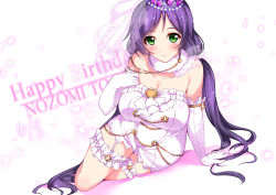 Rule 34 | 10s, 1girl, arm support, bad id, bad pixiv id, blush, breasts, bridal veil, circlet, cleavage, curvy, dress, elbow gloves, gem, gloves, green eyes, hand on own chest, happy birthday, highres, large breasts, bridal garter, long hair, looking at viewer, love live!, love live! school idol festival, love live! school idol project, minamon (vittel221), plump, purple hair, smile, solo, tiara, tojo nozomi, twintails, veil, very long hair, white gloves