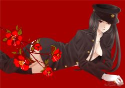 Rule 34 | 1girl, black hair, breasts, cleavage, female focus, flower, frown, gloves, hat, highres, long hair, lying, on side, open clothes, open shirt, original, plant, red eyes, school uniform, shirt, solo, undressing, uniform
