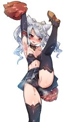 Rule 34 | 1girl, absurdres, areola slip, arm up, armpits, black panties, black skirt, black thighhighs, blush, braid, breasts, cameltoe, cheerleader, collarbone, fraux, french braid, full body, granblue fantasy, harigane shinshi, highres, leg up, long hair, looking at viewer, medium breasts, navel, open mouth, panties, red eyes, silver hair, skirt, small breasts, solo, sweat, thighhighs, underwear, upskirt