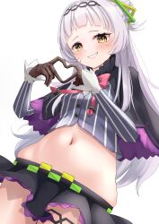 Rule 34 | 1girl, absurdres, black gloves, black shirt, black skirt, blunt bangs, blush, breasts, capelet, cropped shirt, gloves, grey hair, head chain, heart, heart hands, highres, hololive, jewelry, long hair, long sleeves, looking at viewer, microskirt, midriff, mitsu 3 33, murasaki shion, murasaki shion (1st costume), navel, purple capelet, shirt, sidelocks, skirt, small breasts, smile, striped clothes, striped shirt, thigh strap, vertical-striped clothes, vertical-striped shirt, virtual youtuber, yellow eyes