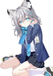 Rule 34 | 1girl, animal ear fluff, animal ears, black footwear, black skirt, blue archive, blue eyes, blue jacket, blue necktie, blue scarf, blush, cross hair ornament, fringe trim, full body, grey hair, hair between eyes, hair ornament, highres, jacket, looking at viewer, medium hair, mismatched pupils, necktie, ningmeng yanshui, no halo, open clothes, open jacket, parted lips, pleated skirt, scarf, shiroko (blue archive), shirt, shoes, simple background, sitting, skirt, sneakers, socks, solo, wariza, white background, white shirt, white socks