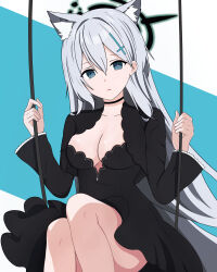 Rule 34 | 1girl, absurdres, animal ears, bare legs, black dress, black halo, blue archive, blue eyes, breasts, broken halo, cleavage, cross hair ornament, dress, expressionless, frilled sleeves, frills, hair between eyes, hair ornament, halo, hands up, highres, knee up, legs together, long hair, long sleeves, looking at viewer, looking down, medium breasts, mismatched pupils, negpastalia, parted lips, shiroko (blue archive), shiroko terror (blue archive), solo, staring, swing, upskirt, very long hair, white hair, wide sleeves