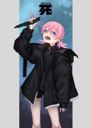 Rule 34 | 1girl, black jacket, black shorts, ear piercing, hair between eyes, highres, holding, holding knife, hood, hood down, hooded jacket, jacket, knife, long sleeves, looking at viewer, open clothes, open jacket, open mouth, original, piercing, pink hair, sharp teeth, short shorts, short twintails, shorts, simple background, solo, teeth, toxic ghost, twintails, v