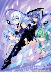 Rule 34 | 4girls, absurdres, ahoge, armpits, arms up, binary, black heart (neptunia), black legwear, blanc (neptunia), blue hair, bodysuit, braid, breasts, breasts apart, bright pupils, choujijigen game neptune re;birth 1, cleavage, cleavage cutout, clothing cutout, covered collarbone, flat chest, from side, frown, full body, glowing, gradient background, green hair, green heart (neptunia), hair between eyes, hair intakes, hair ornament, halterneck, highres, invisible chair, large breasts, leotard, long hair, looking at viewer, medium breasts, multiple girls, neon trim, neptune (neptunia), neptune (series), noire (neptunia), official art, power symbol-shaped pupils, purple background, purple eyes, purple hair, purple heart (neptunia), red eyes, scan, short hair with long locks, simple background, sitting, sleeveless, smile, symbol-shaped pupils, thighhighs, tsunako, twin braids, twintails, vert (neptunia), very long hair, white hair, white heart (neptunia)