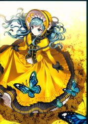 Rule 34 | 1girl, absurdres, black gloves, blue eyes, blush, bow, bowtie, bug, butterfly, buttons, capelet, circle skirt, dress, frills, from above, fur trim, gloves, green hair, headdress, highres, holding, holding clothes, holding skirt, huge filesize, insect, juliet sleeves, long dress, long hair, long sleeves, looking away, nardack, original, puffy sleeves, skirt, solo, yellow dress