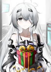Rule 34 | 1girl, absurdres, bandage on face, bandages, bare shoulders, gift, grey eyes, grey hair, highres, holding, holding gift, long hair, looking at viewer, no.21: xxi (punishing: gray raven), no.21 (punishing: gray raven), punishing: gray raven, rm mistletoe, robot, solo