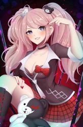 Rule 34 | 1girl, bear hair ornament, black background, black choker, black footwear, blonde hair, blue eyes, blush, boots, bow, breasts, choker, cleavage, collarbone, danganronpa: trigger happy havoc, danganronpa (series), enoshima junko, grin, hair ornament, hand up, highres, kamaniki, knee boots, knee up, large breasts, long hair, looking at viewer, nail polish, necktie, plaid, plaid skirt, pleated skirt, red background, red nails, red skirt, shirt, skirt, sleeves rolled up, smile, twintails