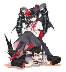 Rule 34 | 1boy, 1girl, ;), animal collar, animal ears, black collar, black hair, black headwear, black pantyhose, black wings, bow, bowtie, celestia ludenberg, collar, danganronpa: trigger happy havoc, danganronpa (series), demon wings, drill hair, fang, flower, hat, high heels, highres, ishimaru kiyotaka, knee up, long sleeves, lying, on stomach, one eye closed, pantyhose, peppo (2cleft 0109), puffy long sleeves, puffy sleeves, red bow, red bowtie, red eyes, red flower, red footwear, red rose, rose, simple background, sitting, smile, tail, top hat, twin drills, twintails, two-tone bowtie, vampire, white background, wings, wolf ears, wolf tail