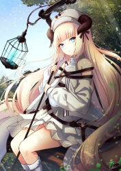 Rule 34 | 1girl, absurdres, arknights, artist name, bare shoulders, beret, birdcage, blonde hair, blue eyes, blue sky, cage, commentary request, dated, day, dress, feet out of frame, hat, head tilt, highres, holding, holding staff, horns, long hair, long sleeves, nightingale (arknights), outdoors, partial commentary, pleated dress, renka (cloudsaikou), short dress, signature, sitting, sky, solo, staff, thighs, very long hair, white dress, white hat