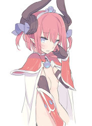 Rule 34 | 1girl, alternate hair length, alternate hairstyle, armor, blade (galaxist), blue eyes, blue ribbon, blush, breasts, cape, choker, curled horns, dragon horns, duplicate, elizabeth bathory (brave) (fate), elizabeth bathory (fate), fate/grand order, fate (series), hair between eyes, hair ribbon, hand up, horns, navel, nipples, parted lips, pauldrons, photoshop (medium), pink hair, pointy ears, red choker, ribbon, short hair, shoulder armor, sidelocks, silver trim, small breasts, solo, tiara, two side up, vambraces, wavy mouth, white cape