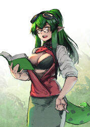 Rule 34 | 1girl, arknights, black bra, book, bra, breasts, cleavage, gavial (arknights), glasses, goggles, goggles on head, green hair, large breasts, medium breasts, open clothes, open shirt, pointy ears, solo, teacher, underwear, vertutame
