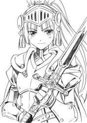 Rule 34 | 1girl, agahari, armor, breastplate, forte (rune factory), gauntlets, greyscale, long hair, looking at viewer, monochrome, rune factory, rune factory 4, simple background, solo, sword, visor (armor), weapon, white background