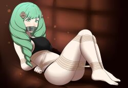 Rule 34 | 1girl, ass, bdsm, black bra, black panties, blush, bondage, bound, bra, breasts, brown background, brown rope, covered mouth, dankestofdans, eyeliner, feet, female focus, fire emblem, fire emblem: three houses, flayn (fire emblem), gag, gagged, green eyes, green hair, huge ass, improvised gag, intelligent systems, large breasts, long hair, lying, makeup, nintendo, panties, rope, shiny clothes, shiny skin, solo, tape, tape gag, thick thighs, thighs, underwear, underwear only, very long hair