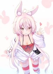 Rule 34 | 1girl, absurdres, ahoge, animal ear fluff, animal ears, breasts, camisole, cleavage, coat, downblouse, hair ornament, hairclip, highres, long hair, low twintails, midriff, no pants, off shoulder, open clothes, open coat, pink hair, rabbit ears, red camisole, small breasts, smile, solo, striped clothes, striped thighhighs, thighhighs, tomari mari, tomari mari channel, twintails, underwear, virtual youtuber, waving, white coat