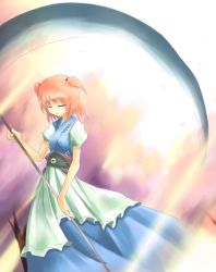 Rule 34 | 1girl, bare tree, blue dress, dress, closed eyes, female focus, hair bobbles, hair ornament, holding, holding weapon, obi, onozuka komachi, polearm, puffy short sleeves, puffy sleeves, red hair, sash, scythe, short sleeves, solo, standing, touhou, tree, two side up, weapon