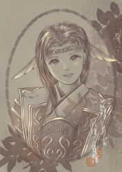 Rule 34 | 1girl, branch, eyelashes, final fantasy, final fantasy xi, hair intakes, head tilt, headband, highres, hume, iroha (ff11), japanese clothes, leaf, lips, long hair, looking at viewer, parted lips, piyoco, sepia, smile, solo