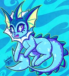 Rule 34 | animal focus, blue eyes, creatures (company), dated, dolcisprinkles, fangs, fins, game freak, gen 1 pokemon, highres, nintendo, no humans, open mouth, pokemon, pokemon (creature), signature, smile, solo, spikes, vaporeon