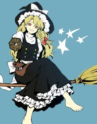 Rule 34 | 1girl, bag, barefoot, black dress, black hair, black headwear, blonde hair, blue background, bow, braid, broom, broom riding, character request, copyright request, dress, full body, grin, hat, hat bow, highres, himuhino, kirisame marisa, looking at viewer, mini-hakkero, red eyes, simple background, single braid, smile, star (symbol), touhou, witch, witch hat