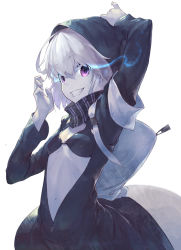 Rule 34 | 10s, 1girl, abyssal ship, backpack, bag, glowing, glowing eyes, grin, highres, hood, kantai collection, kinoki, long sleeves, navel, purple eyes, re-class battleship, short hair, silver hair, smile, solo, white background
