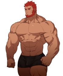 Rule 34 | 1boy, abs, bara, beard, boxers, bulge, clenched hand, clenched hands, closed mouth, cowboy shot, facial hair, fate/zero, fate (series), gomtang, iskandar (fate), large pectorals, male focus, male underwear, manly, muscular, navel, nipples, pectorals, red eyes, red hair, scar, topless male, solo, underwear, upper body, white background