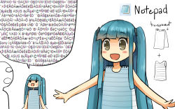 Rule 34 | 1girl, :d, bare shoulders, blue hair, blunt bangs, blush stickers, brown eyes, diagram, highres, long hair, looking ahead, microsoft windows, multiple views, notepad-chan, notepad (windows), open mouth, original, personification, reef (sanomsai products), sidelocks, simple background, smile, speech bubble, twintails, upper body, v-shaped eyebrows, white background