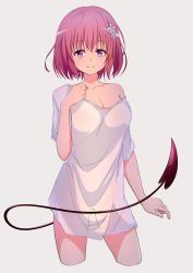 Rule 34 | 1girl, absurdres, breasts, closed mouth, collarbone, demon tail, flower, food, fruit, hair flower, hair ornament, highres, large breasts, looking at viewer, momo velia deviluke, nishizuki shino, peach, pink hair, purple eyes, shirt, short hair, simple background, smile, solo, standing, tail, to love-ru, to love-ru darkness, white background, white flower, white shirt