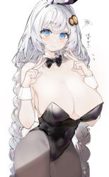 Rule 34 | 1girl, absurdres, animal ears, bare shoulders, black hairband, black leotard, blue eyes, blush, braid, breasts, brown pantyhose, cleavage, closed mouth, covered navel, cowboy shot, detached collar, double v, fake animal ears, hair ornament, hairband, highres, imamiya pinoko, kizuna akari, large breasts, leotard, long hair, looking at viewer, pantyhose, playboy bunny, rabbit ears, rabbit tail, silver hair, simple background, solo, squiggle, strapless, strapless leotard, tail, translation request, twin braids, v, very long hair, vocaloid, voiceroid, white background, wrist cuffs