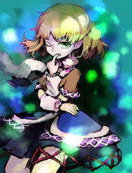 Rule 34 | 1girl, arm warmers, biting, black dress, blonde hair, brown jacket, commentary request, dress, feet out of frame, finger biting, green eyes, half updo, jacket, layered clothes, looking at viewer, mizuhashi parsee, multicolored clothes, multicolored jacket, one eye closed, pointy ears, riinu (ir-n), scarf, short hair, short ponytail, short sleeves, solo, touhou, white scarf