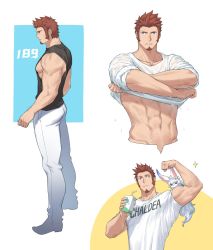 Rule 34 | 00047, 1boy, abs, alternate costume, ass, bara, biceps, black shirt, blue eyes, brown hair, collage, cropped torso, cross scar, facial hair, fate/grand order, fate (series), flexing, fou (fate), from side, full body, goatee, highres, male focus, mature male, midriff peek, milk, muscular, muscular male, napoleon bonaparte (fate), navel, pants, pectorals, scar, scar on chest, shirt, short hair, sideburns, sidepec, sleeveless, sleeveless shirt, sleeves rolled up, sparkle, stomach, tight clothes, tight shirt, undressing, wet, wet clothes, wet shirt, white pants, white shirt