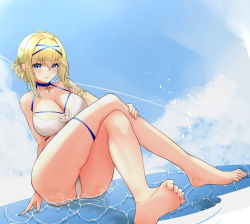 Rule 34 | 1girl, ass, azur lane, bad id, bad pixiv id, bare shoulders, barefoot, bikini, blonde hair, blue choker, blue eyes, breasts, caustics, choker, cleavage, cloud, collarbone, crossed legs, day, feet, halterneck, highres, jeanne d&#039;arc (azur lane), jeanne d&#039;arc (saintess of the sea) (azur lane), large breasts, looking at viewer, noraneri, official alternate costume, outdoors, parted lips, sidelocks, sky, solo, swimsuit, thigh strap, thighs, toes, water, white bikini