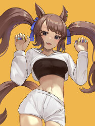 Rule 34 | 1girl, :d, alternate costume, animal ears, black shirt, breasts, brown hair, commentary request, contrapposto, cowboy shot, crop top, cropped jacket, ear ornament, groin, hands up, highres, hood, hood down, hooded jacket, horse ears, horse girl, horse tail, jacket, light blush, long hair, long sleeves, looking at viewer, medium breasts, midriff, multicolored nails, nail art, navel, open mouth, orange background, shirt, short shorts, shorts, shrug (clothing), sidelocks, simple background, smile, solo, solokitsune, standing, tail, teeth, tosen jordan (umamusume), twintails, umamusume, upper teeth only, white jacket, white shorts