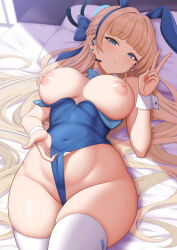 Rule 34 | 1girl, animal ears, bed, blonde hair, blue archive, blue eyes, blue hairband, breasts, covered navel, earpiece, earrings, frontal wedgie, groin, hairband, halo, highres, jewelry, large breasts, leotard, leotard pull, long hair, looking at viewer, lying, microphone, nipples, on back, parted lips, pillow, rabbit ears, skindentation, solo, stud earrings, thighhighs, thighs, toki (blue archive), toki (bunny) (blue archive), v, very long hair, wedgie, white thighhighs, white wrist cuffs, wrist cuffs, yasojima nejiro