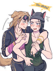 Rule 34 | 2girls, abs, animal ears, arm around neck, arm warmers, armband, beanie, black hair, black jacket, black pants, blonde hair, blue eyes, blush, bracelet, brown eyes, cat ears, cat girl, cat tail, closed mouth, collarbone, couple, dead by daylight, dog ears, dog girl, dog tail, english text, eye contact, fang, fang out, goggles, goggles on head, green tank top, hat, highres, jacket, jewelry, kemonomimi mode, kimura yui, looking at another, medium hair, multiple girls, navel, nea karlsson, open clothes, open jacket, open mouth, pants, pink tube top, profile, raised eyebrows, ring, short hair, strapless, sweatdrop, tail, tank top, thought bubble, tube top, wasted m9, white background, yuri