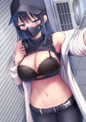 Rule 34 | 1girl, bare shoulders, black bra, blue archive, blue eyes, blue hair, bra, breasts, cleavage, clothes lift, covered mouth, hat, highres, large breasts, lifted by self, long hair, long sleeves, looking at viewer, mask, melopun, mouth mask, navel, off shoulder, open clothes, pants, saori (blue archive), shirt lift, stomach, underwear