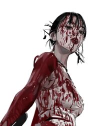 Rule 34 | 1girl, absurdres, bibi (singer), black eyes, black hair, blood, blood on arm, blood on clothes, blood on face, breasts, camisole, cropped shirt, hair ornament, hair stick, heart, highres, hilt, k-pop, lipstick, looking at viewer, looking down, makeup, open mouth, real life, red lips, small breasts, solo, superwakas, white background, white camisole