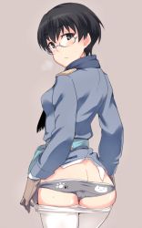 Rule 34 | 1girl, ass, black eyes, black hair, blush, butt crack, clothes pull, eini a lukkanen, em (totsuzen no hakike), glasses, no pants, panties, pantyhose, pantyhose pull, print panties, short hair, simple background, solo, standing, strike witches, strike witches: aurora no majo, underwear, uniform, world witches series