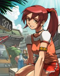 Rule 34 | armband, bottle, city, cloud, day, highres, omar dogan, ponytail, red hair, shorts, sky, smile, solo, yellow eyes
