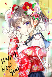 Rule 34 | 1girl, animal, animal ears, blue eyes, blue sailor collar, blue skirt, blurry, blurry background, braid, brown hair, chinese zodiac, commentary request, depth of field, earrings, floral print, flower, hair flower, hair ornament, happy new year, heart, heart earrings, highres, japanese clothes, jewelry, keepout, kimono, looking at viewer, looking to the side, mouse (animal), mouse ears, mouse girl, mouse tail, new year, original, parted lips, petals, pleated skirt, print kimono, red flower, red kimono, sailor collar, school uniform, serafuku, shirt, skirt, solo, swept bangs, tail, white flower, white shirt, year of the rat