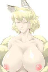 Rule 34 | 1girl, animal ears, blonde hair, breasts, closed mouth, collarbone, fox ears, fox girl, fox tail, half-closed eyes, highres, huge breasts, looking at viewer, medium hair, multiple tails, nipples, nude, parted bangs, shiny skin, simple background, smile, solo, stomach, tail, touhou, upper body, white background, yakumo ran, yellow eyes, yukaran nosuke