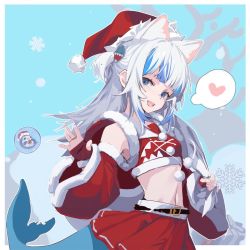 Rule 34 | 1girl, animal ears, belt, bloop (gawr gura), blue eyes, blue hair, blush, breasts, bubble, carrying over shoulder, cat ears, christmas, commentary, cowboy shot, crop top, detached sleeves, english commentary, fins, fish tail, gawr gura, gift bag, hair ornament, hat, heart, highres, hololive, hololive english, kemonomimi mode, light blue background, lobster delta, long hair, looking at viewer, midriff, miniskirt, multicolored hair, navel, open mouth, pleated skirt, pom pom (clothes), red hat, red shirt, red skirt, santa costume, santa hat, shark hair ornament, shark tail, sharp teeth, shirt, short twintails, silver hair, simple background, skirt, small breasts, smile, snowflakes, solo, spoken heart, streaked hair, tail, teeth, twintails, two-tone hair, two side up, virtual youtuber, waving, wide sleeves
