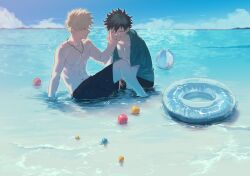 Rule 34 | 2boys, ^ ^, abs, bakugou katsuki, ball, beach, beachball, black male swimwear, blonde hair, blue jacket, blue sky, blurry, blurry background, boku no hero academia, closed eyes, closed mouth, cloud, collarbone, commentary, day, diffraction spikes, dot nose, eyes visible through hair, freckles, gradient sky, green hair, grin, hair between eyes, hakua (ktdkilu), hand on another&#039;s face, hand on another&#039;s hand, hand up, happy, highres, hood, hood down, hooded jacket, horizon, innertube, jacket, jewelry, knee up, light, looking at another, male focus, male swimwear, midoriya izuku, multiple boys, navel, necklace, no nipples, no shirt, ocean, on ground, open clothes, open jacket, outdoors, partially submerged, profile, red eyes, ring, ring necklace, scar, scar on hand, shadow, short hair, short sleeves, sidelighting, sky, smile, sparkle, spiked hair, sunlight, swim ring, swim trunks, toned, toned male, topless male, water, water drop, wet, wet clothes, wide shot, yaoi