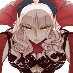 Rule 34 | 1girl, breasts, carmilla (fate), cleavage, fate/grand order, fate (series), grey hair, hollomaru, horns, large breasts, looking at viewer, lowres, solo, white background, yellow eyes