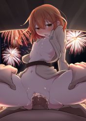 Rule 34 | 1boy, 1girl, blush, breasts, censored, cowgirl position, fireworks, girl on top, hair between eyes, hair ornament, hairclip, hetero, highres, ikazuchi (kancolle), japanese clothes, kantai collection, long sleeves, looking at viewer, myht, night, nipples, nose blush, open clothes, open mouth, orange hair, penis, pov, pussy, pussy juice, sex, short hair, small breasts, solo focus, straddling, vaginal